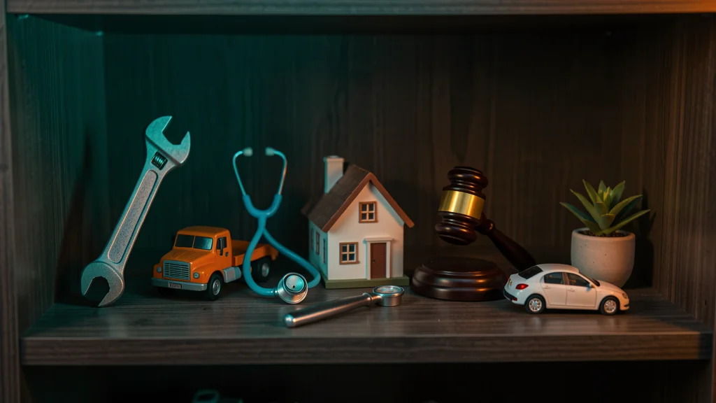 A collection of small trade-themed objects on a dark wooden shelf lit with teal and amber accent light