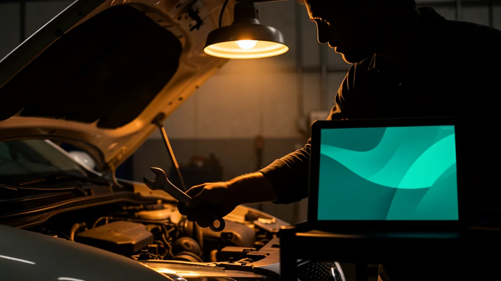 Mechanic's hand holding a wrench near an open car hood under a service light