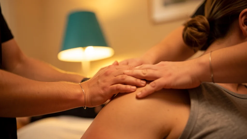 Chiropractor's hands positioned near a patient's shoulder on a treatment table