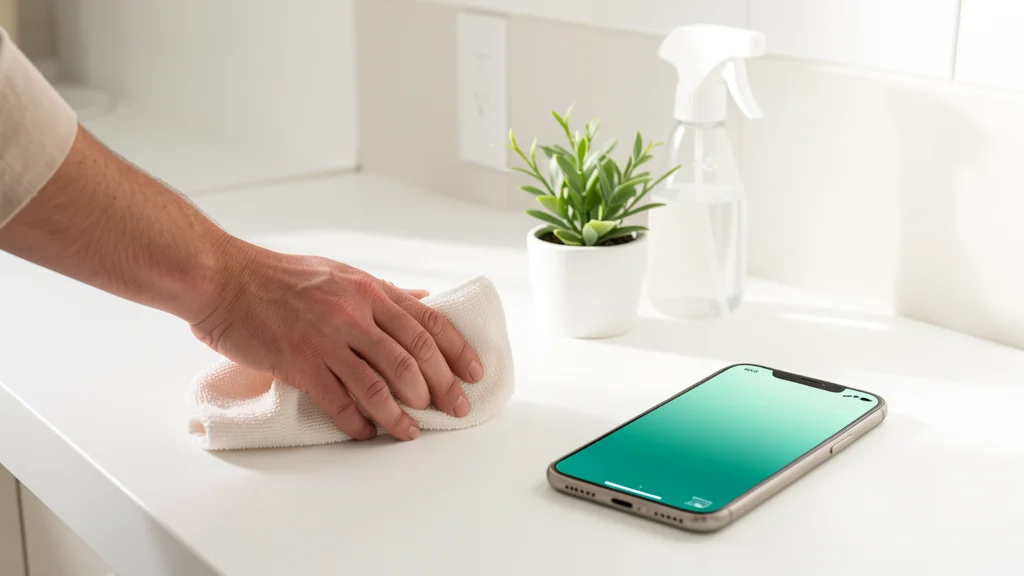Cleaning professional's hand holding a microfiber cloth against a clean white countertop