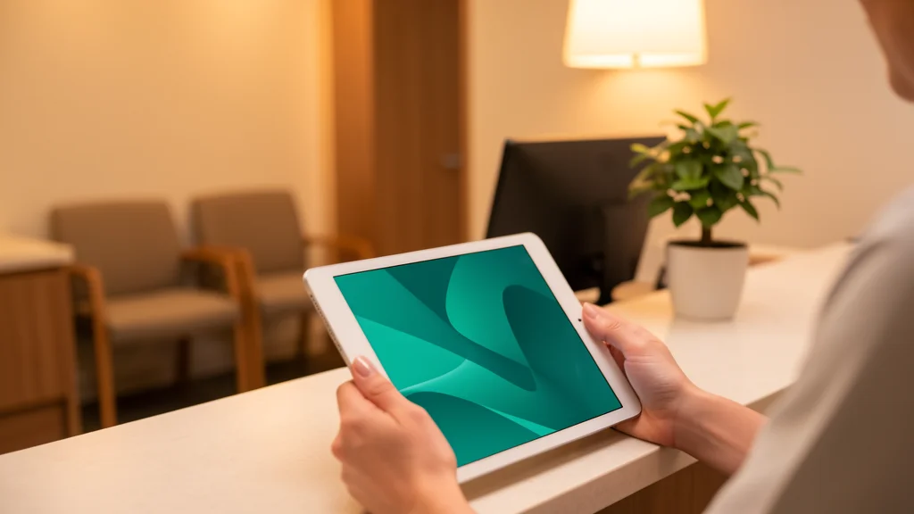 Dental practice front desk with receptionist's hands holding a tablet