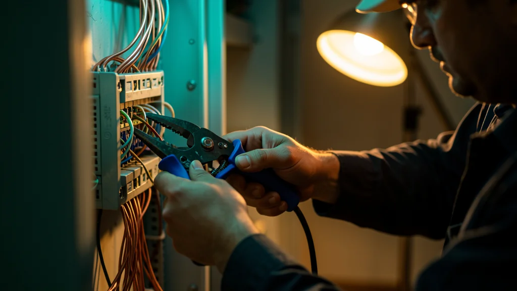 Electrician's hands wiring a panel with blue-handled wire strippers under teal and amber light