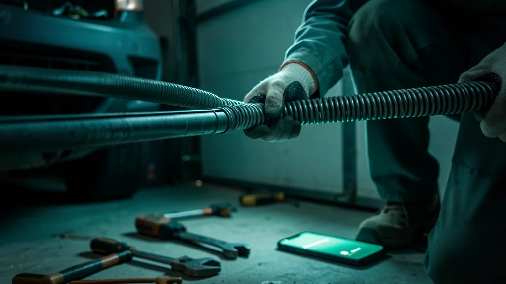 Technician's gloved hand on a garage door torsion spring under teal work light