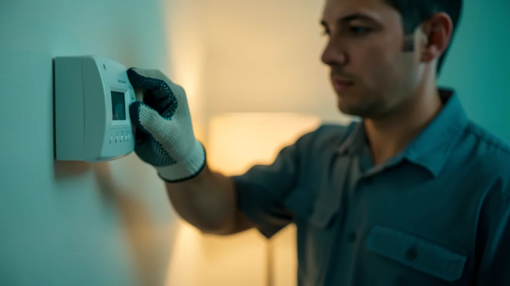 HVAC technician's gloved hand adjusting a wall thermostat, lit with teal and amber light