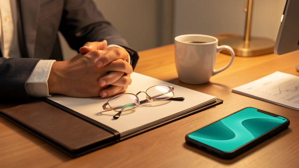 Insurance agent's hands folded on a desk with a coffee mug, closed folder, and reading glasses