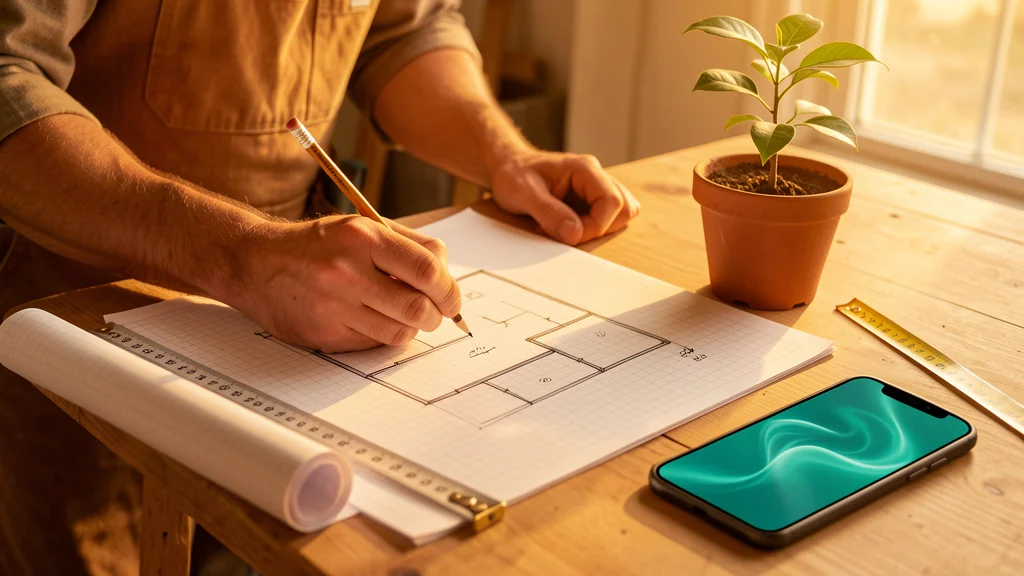 Landscaper's hands sketching a property outline on graph paper at golden hour