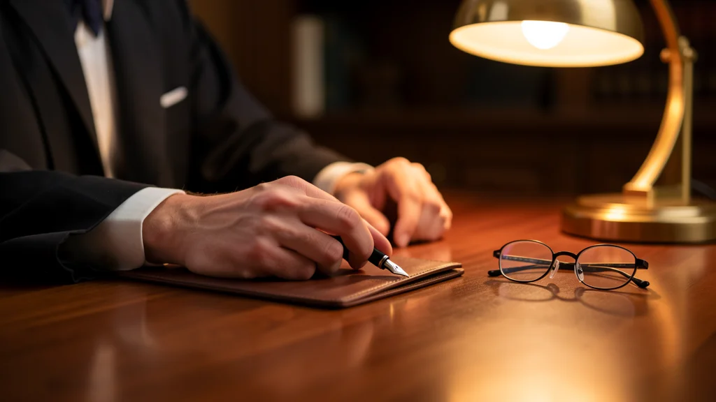 Lawyer's hands on a polished wood desk with a fountain pen, leather blotter, and reading glasses