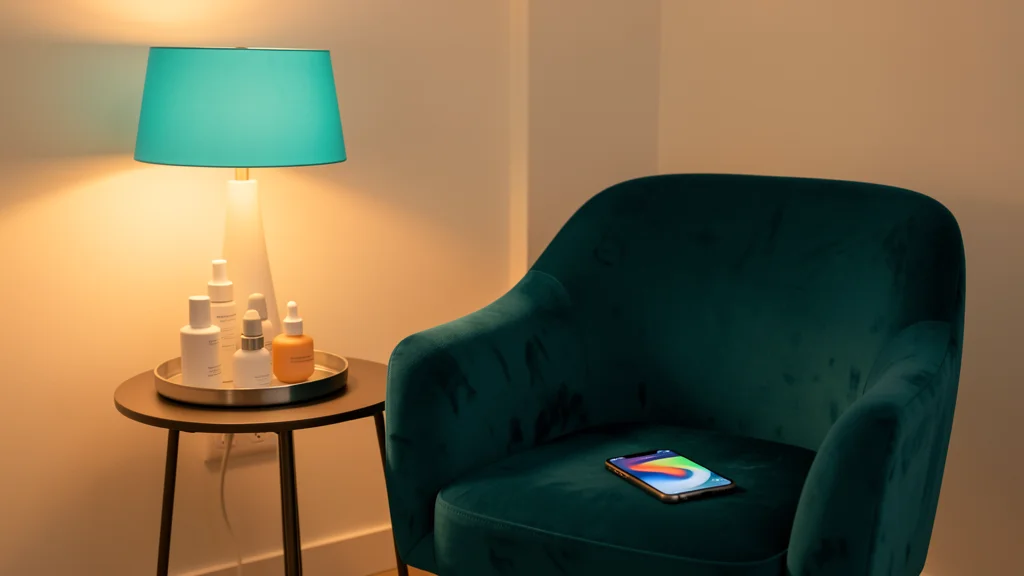 Med spa treatment room with a velvet chair, skincare bottles, and a softly glowing teal lamp