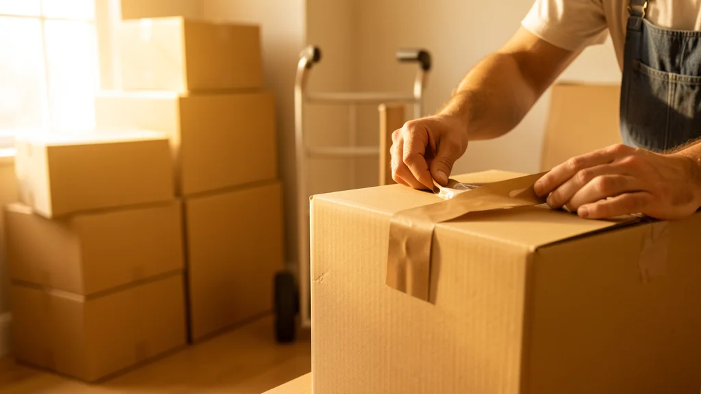 Mover's hands wrapping a cardboard box with brown paper tape in a sunlit room
