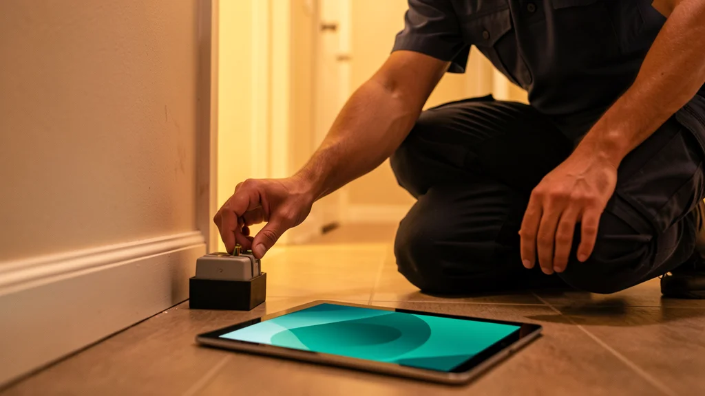 Pest control technician's hand setting a small bait station near a baseboard