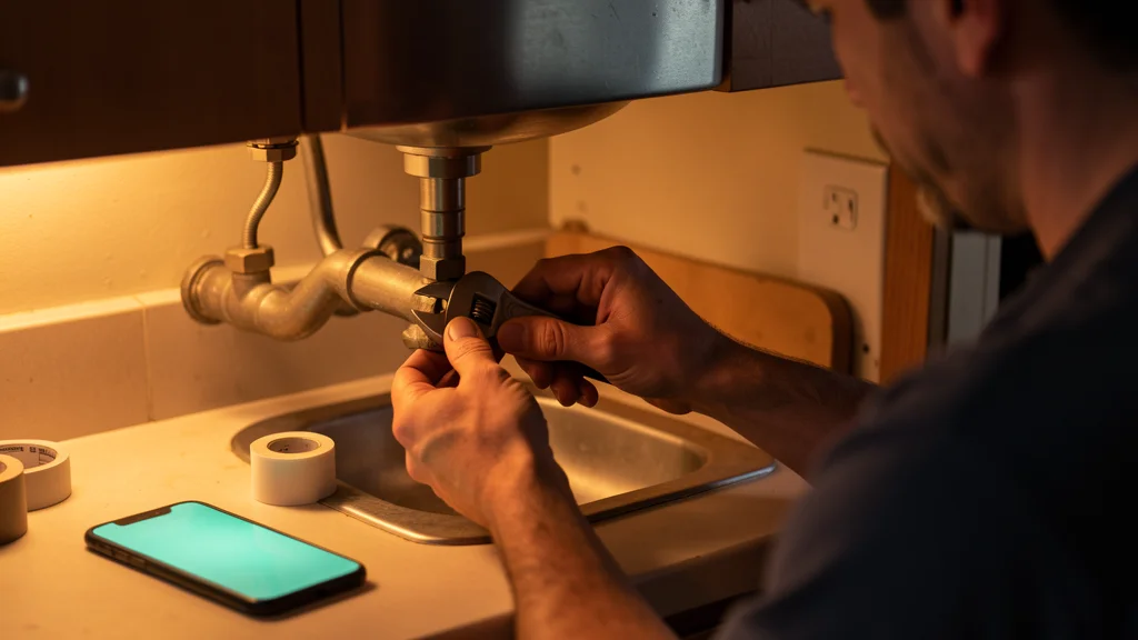 Plumber's hands tightening a fitting under a sink with a wrench and teflon tape