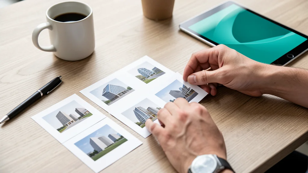 Property manager's hands sorting small printed property photos on a desk
