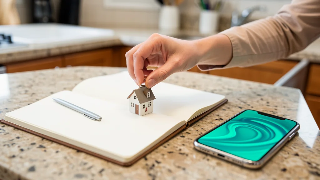 Real estate agent's hand placing a small house-shaped keychain on a kitchen counter