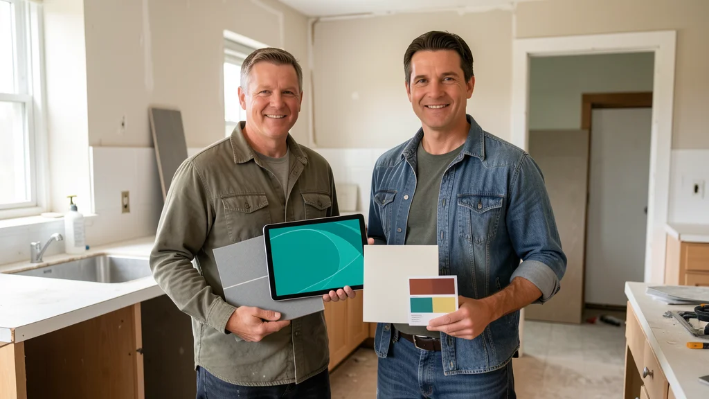 Contractor and homeowner in a partially gutted kitchen, contractor holding a tablet