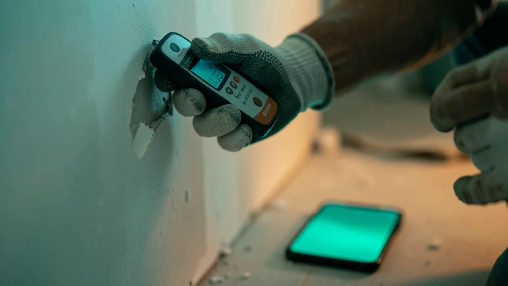 Restoration worker's hands holding a moisture meter against a damaged wall
