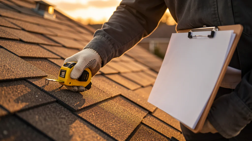 Roofer's gloved hand holding a tape measure against a shingled roof at golden hour