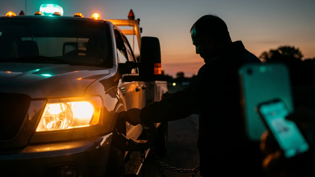 Tow truck operator hooking a chain to a vehicle bumper at dusk with amber headlights and teal emergency light