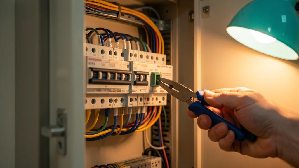 Neatly wired electrical panel with circuit breakers, a hand with blue-handled pliers