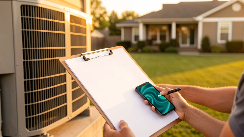 HVAC unit on a home exterior at late afternoon, technician's hand on a clipboard