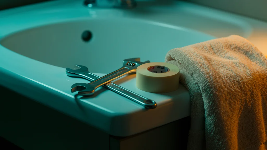 Wrench and teflon tape on a clean porcelain sink edge with dramatic teal and amber side lighting