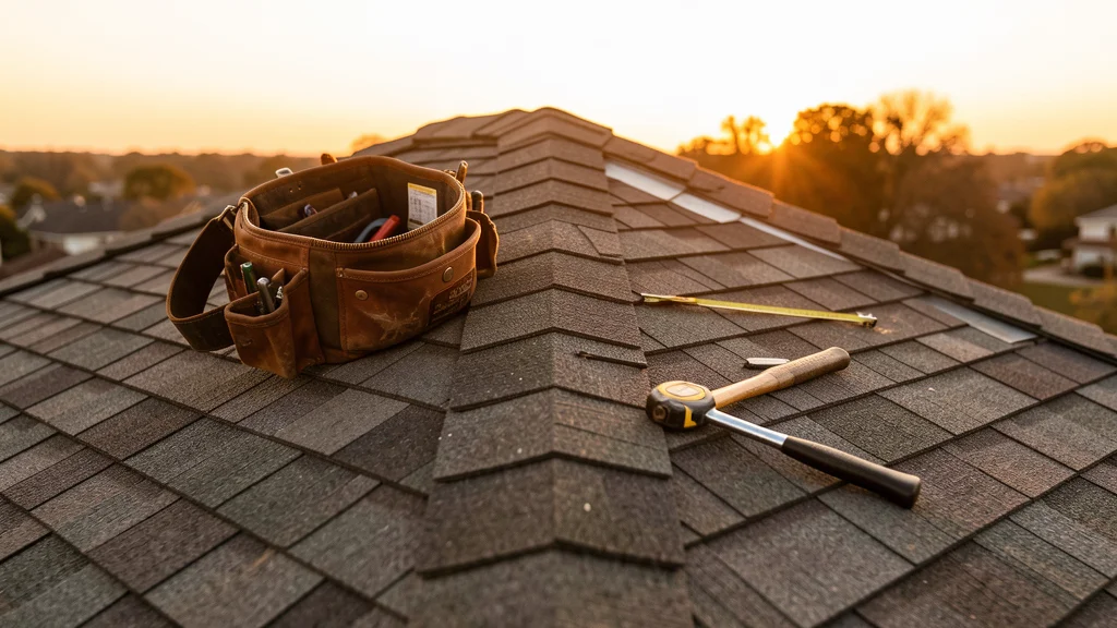 Freshly shingled roof corner at golden hour with a worker's tool belt resting on the shingles