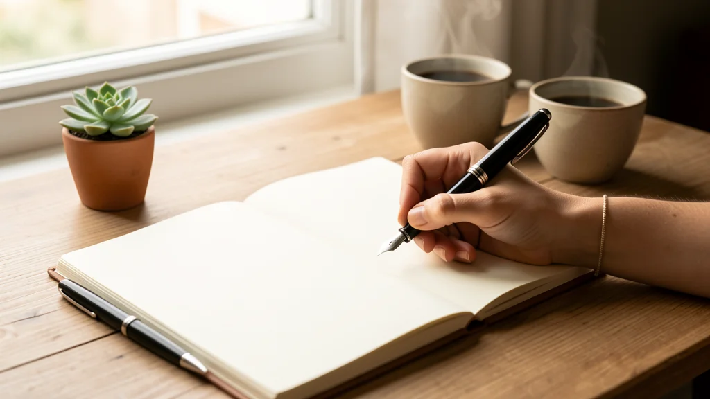 Hand writing in a paper planner on a desk with a fountain pen, coffee cup, and small succulent