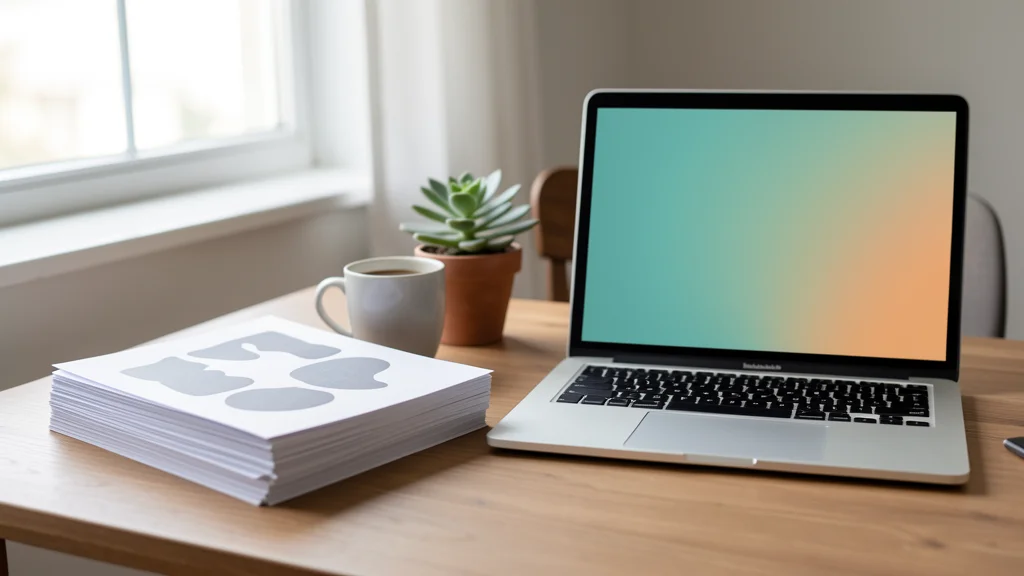 Freshly printed stack of paper on a desk next to a laptop, a small plant, and a coffee cup