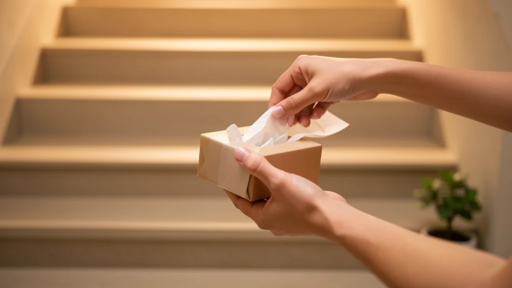 Hand unboxing a small package with tissue paper being pulled back, warm overhead light