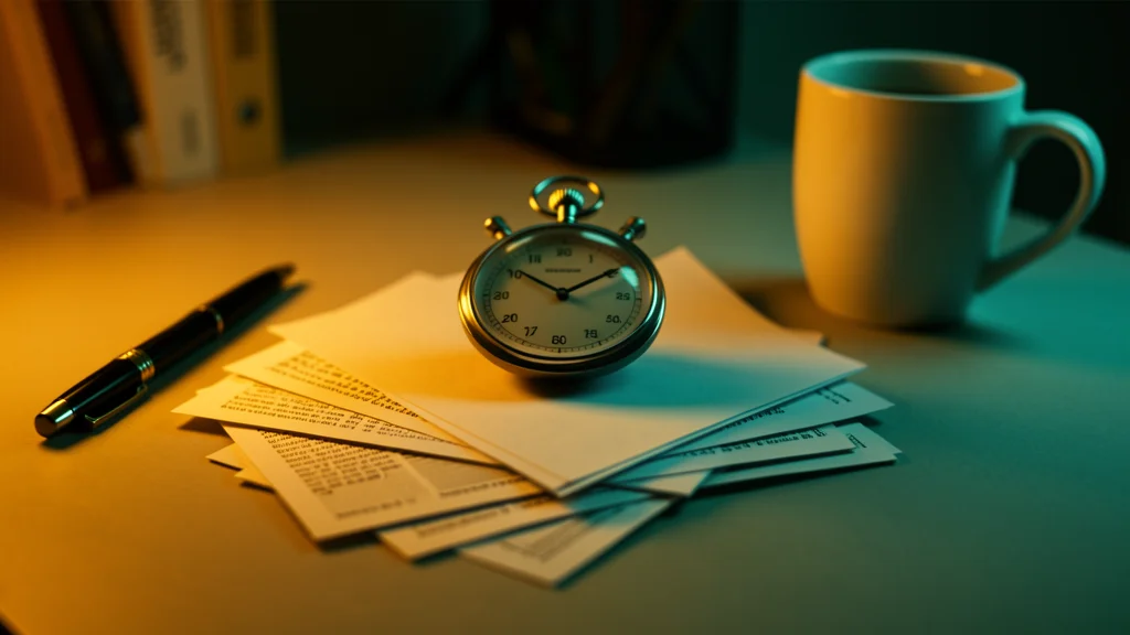 Stopwatch on a stack of page proofs, dramatic amber and teal side lighting