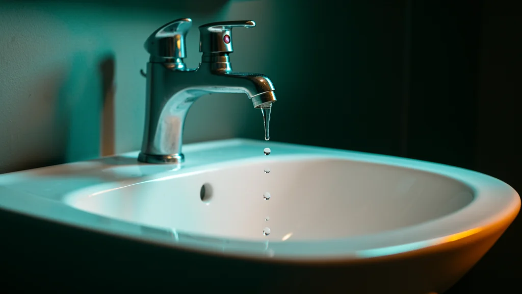 Slow-drip faucet over a clean white porcelain sink with dramatic teal and amber side lighting