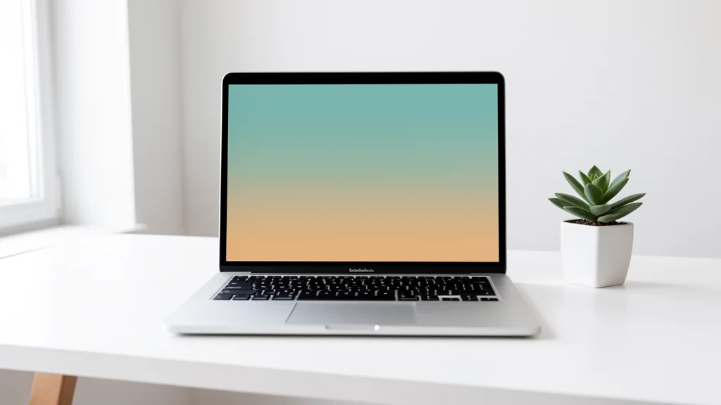 Clean modern laptop on a minimalist desk with a soft teal and amber gradient screen, a small plant