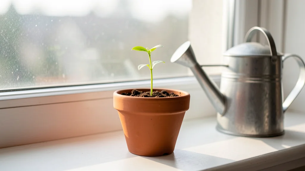 Single seed sprouting in a small terracotta pot on a windowsill in soft morning light