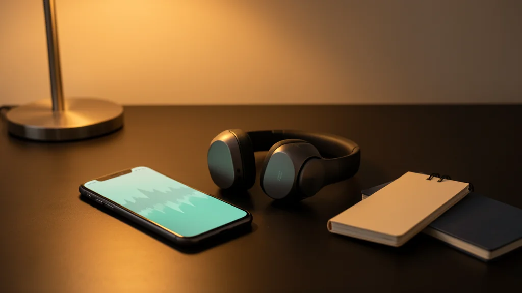 Wireless headphones on a dark desk next to a smartphone with a soft teal audio-waveform screen