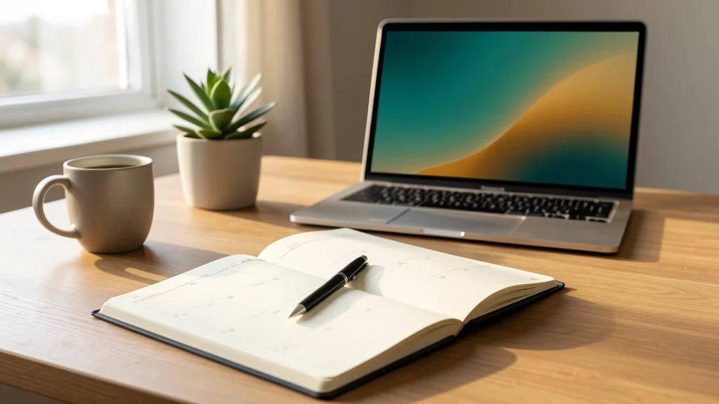 Open paper planner on a desk with a pen, coffee mug, small plant, and a laptop in soft morning light