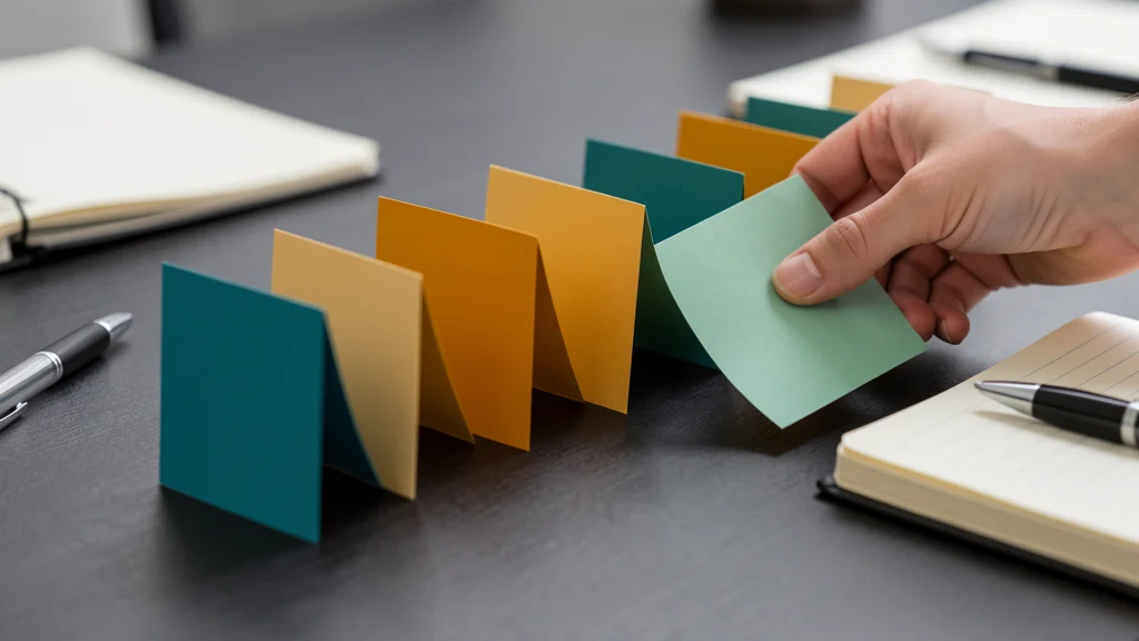 Row of small folded paper cards standing on a dark desk like a pipeline in teal and amber shades