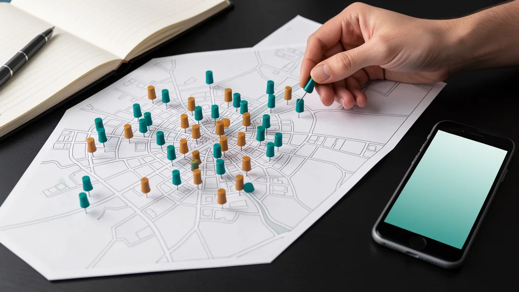 Paper city map on a dark desk with teal and amber pins clustered in groups, a hand placing a pin