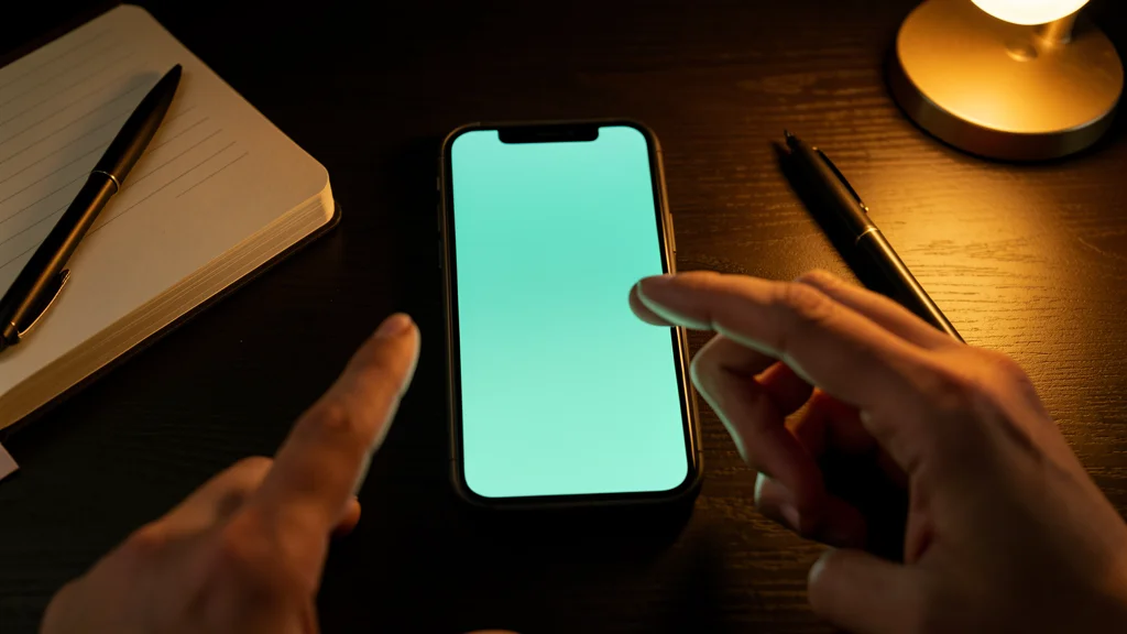 Smartphone on a dark desk glowing with a soft teal notification, a hand reaching toward it