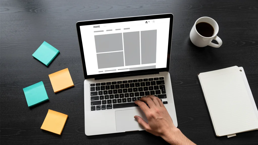 Designer working at a large dark desk with a laptop showing gray placeholder rectangles, teal and amber sticky notes